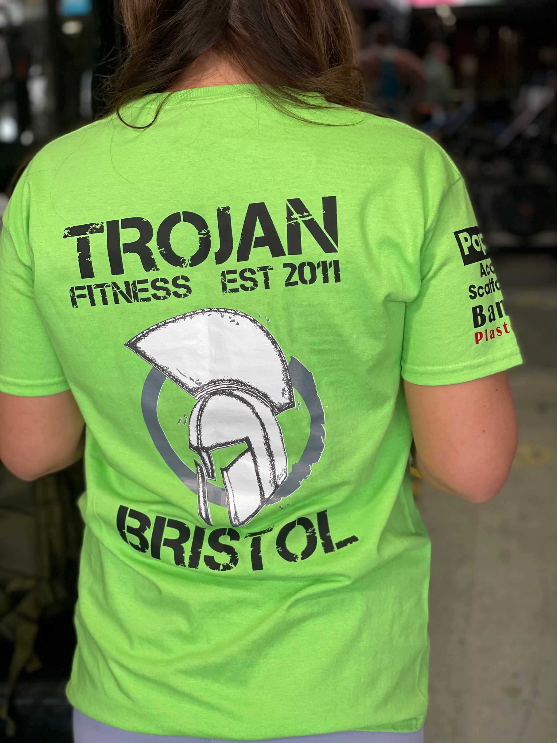 Womens Lime Green Trojan Sponsors logo T-Shirt
